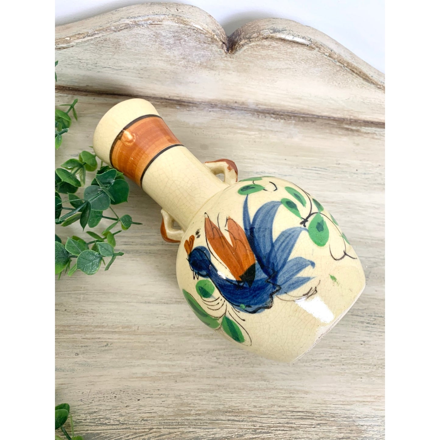 Vintage Thura Satsuma Vase Japan Ho Ho Bird Hand Painted Phoenix Mid Century
