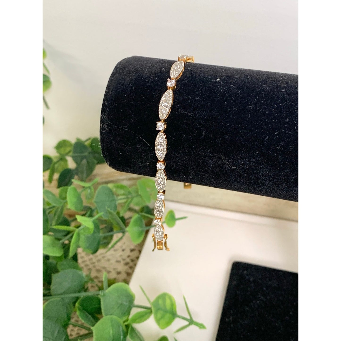 Vintage Goldtone Rhinestone Tennis Bracelet Art Deco Style Crystal Glam Jewelry