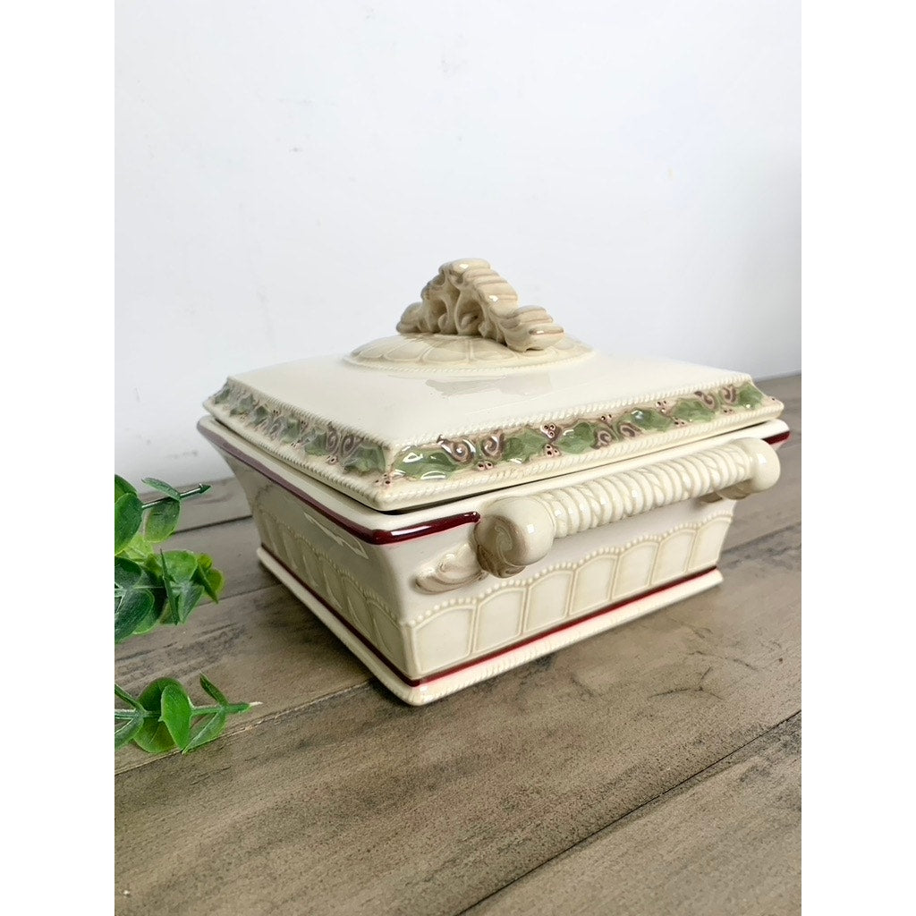 Vintage Ceramic Christmas Lidded Serving Dish with Holly Trim Holiday Tableware