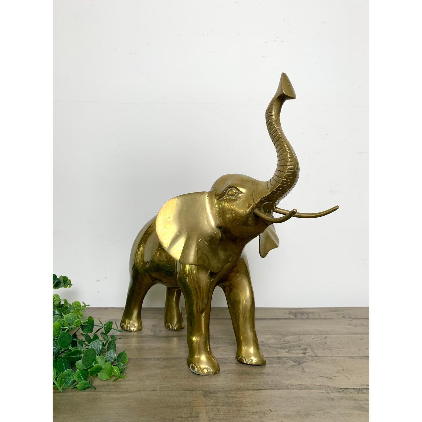 Vintage Solid Brass Elephant Statue with Raised Trunk Mid Century Animal Figure