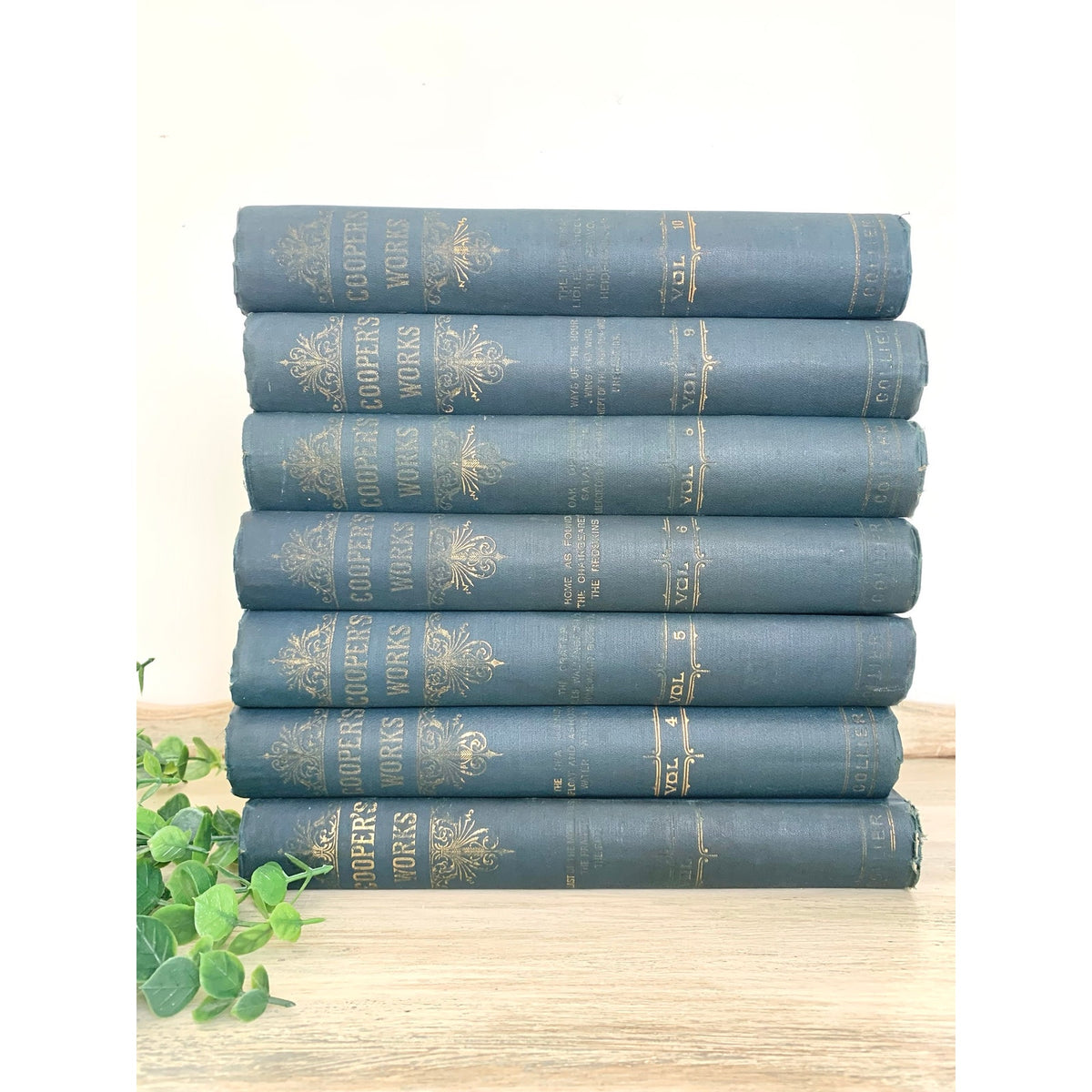 Antique 1891 James Fenimore Cooper Works Seven Volume Blue Gilt Book Set