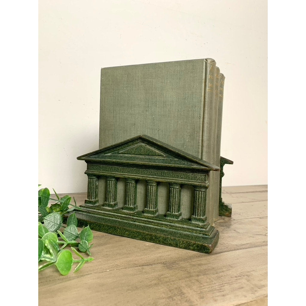 Vintage Cast Iron Greek Roman Bookends Green Greek Parthenon Columns Old Money