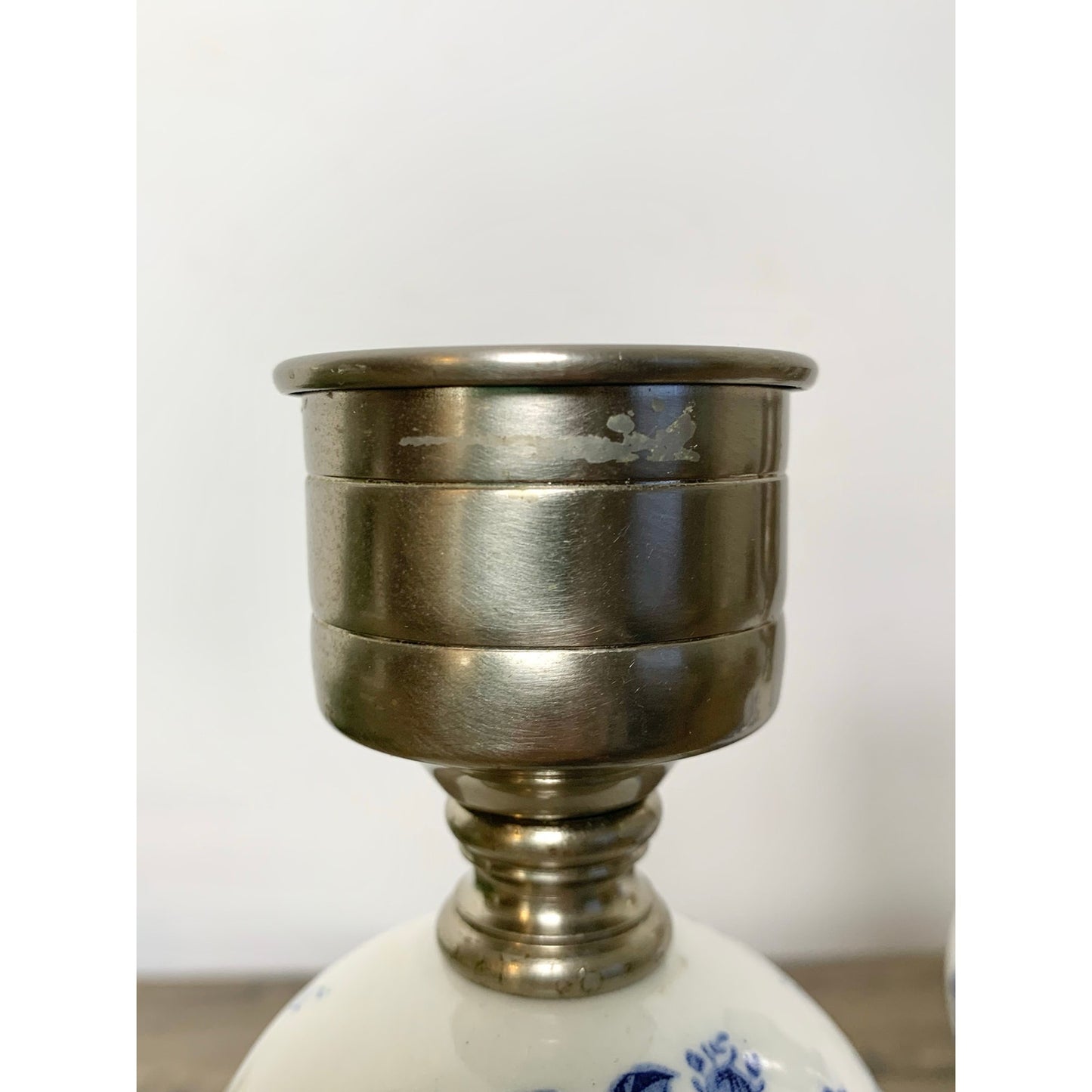 Vintage Blue & White Floral Porcelain and Pewter Candlestick Holders Set of 2