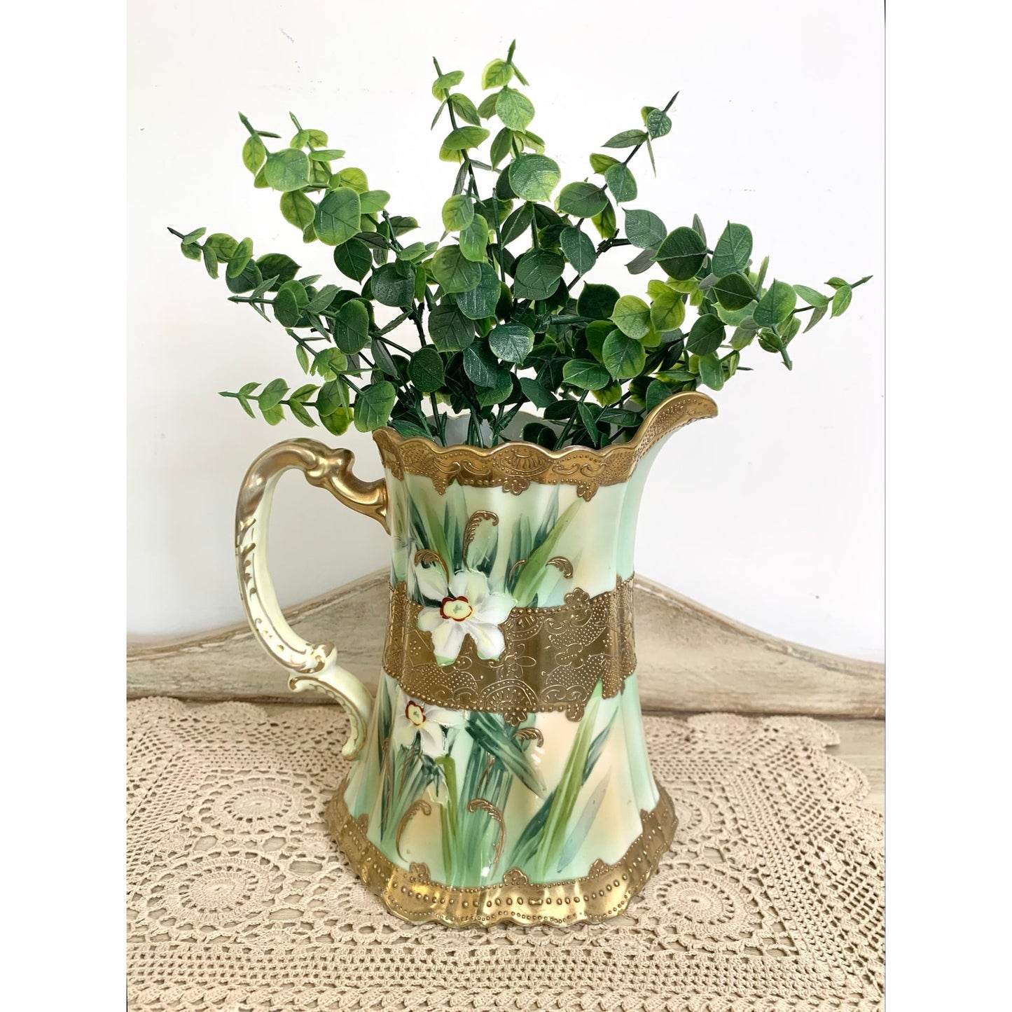 Antique Hand Painted Nippon Porcelain Pitcher Vase Floral Gold Romantic Cottage