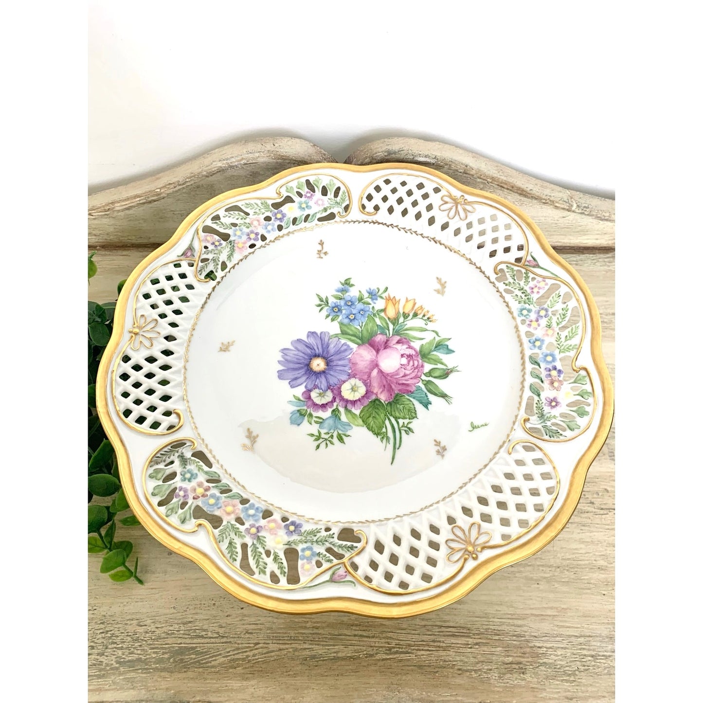 Vintage Pedestal Cake Stand Floral Hand Painted Porcelain Wedding Serving Cottage Shabby