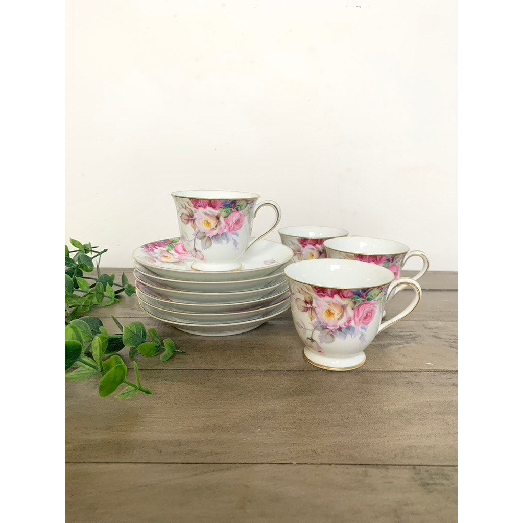 Vintage Noritake China Tea Coffee Serving Set Maruki “M” Backstamp, Pink Rose Pattern
