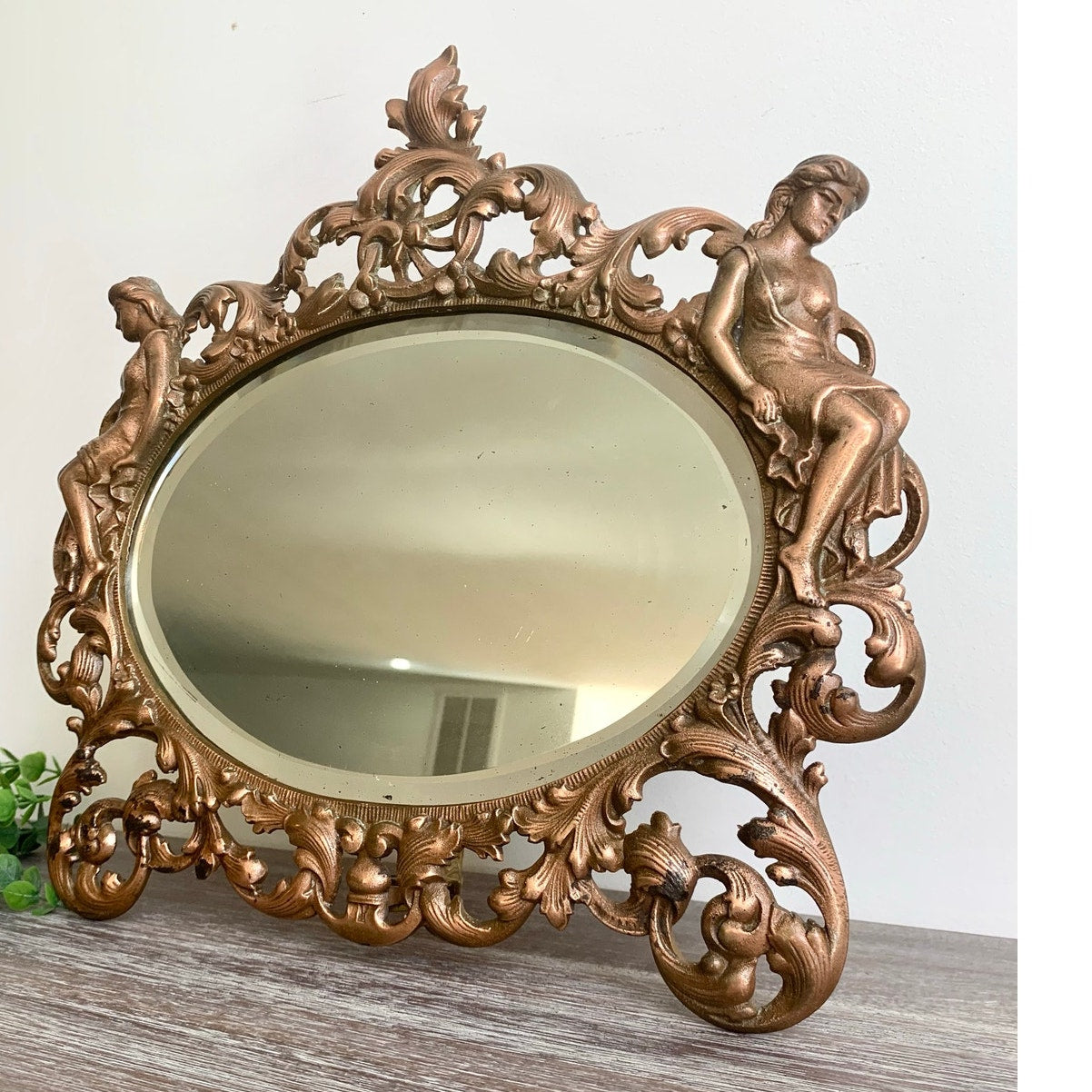 Vintage Art Nouveau Style Cast Iron Vanity Mirror with Kickstand Ornate Figural