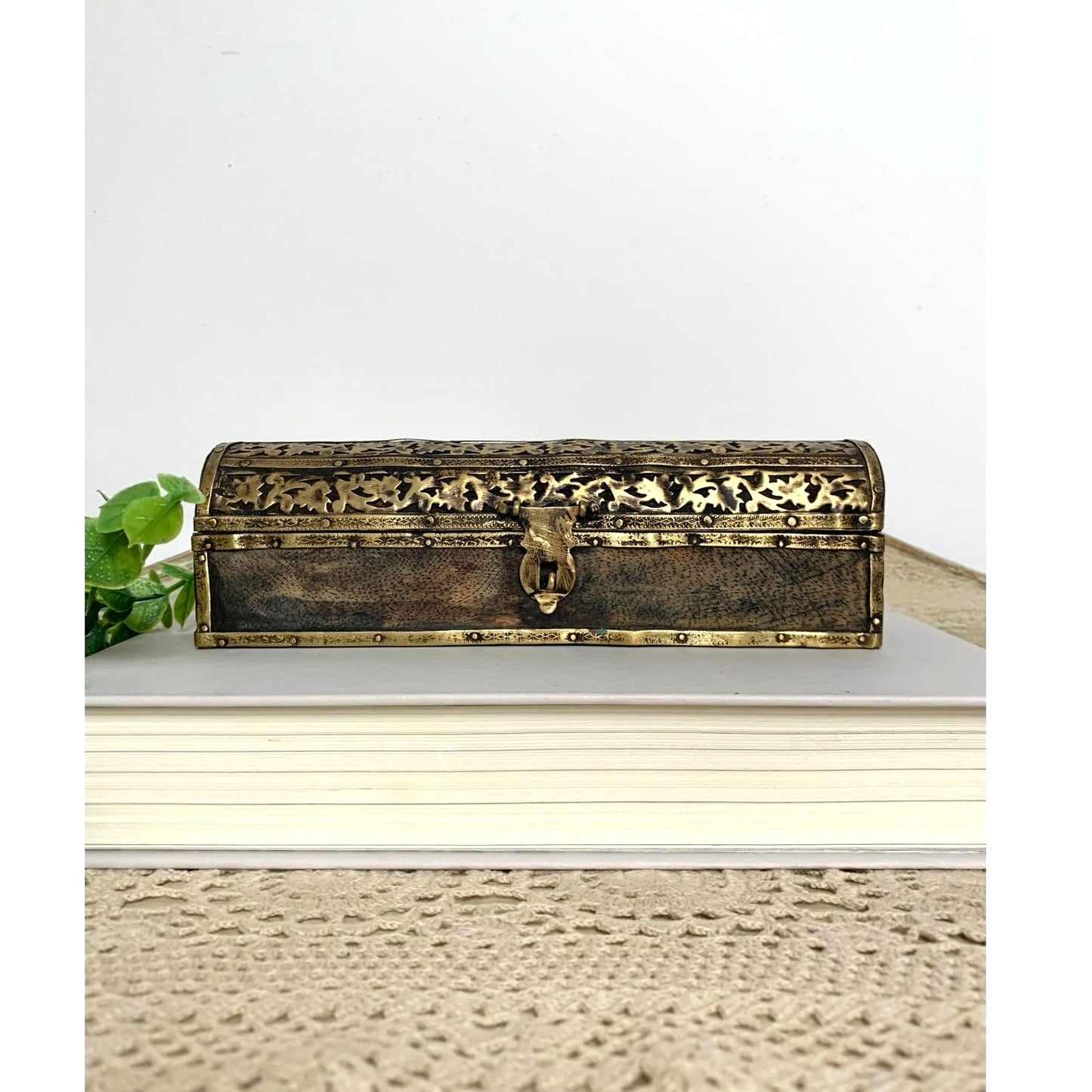 Vintage Brass Wood Trinket Box Floral Etched Hinged Jewelry Box Vanity Old World