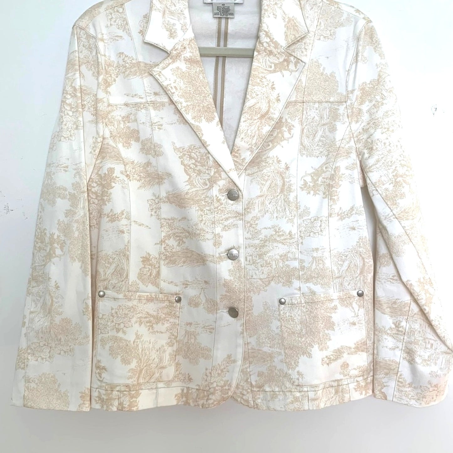 Evan Picone Toile Print Blazer White Beige Stretch Denim Jacket Structured Size 10
