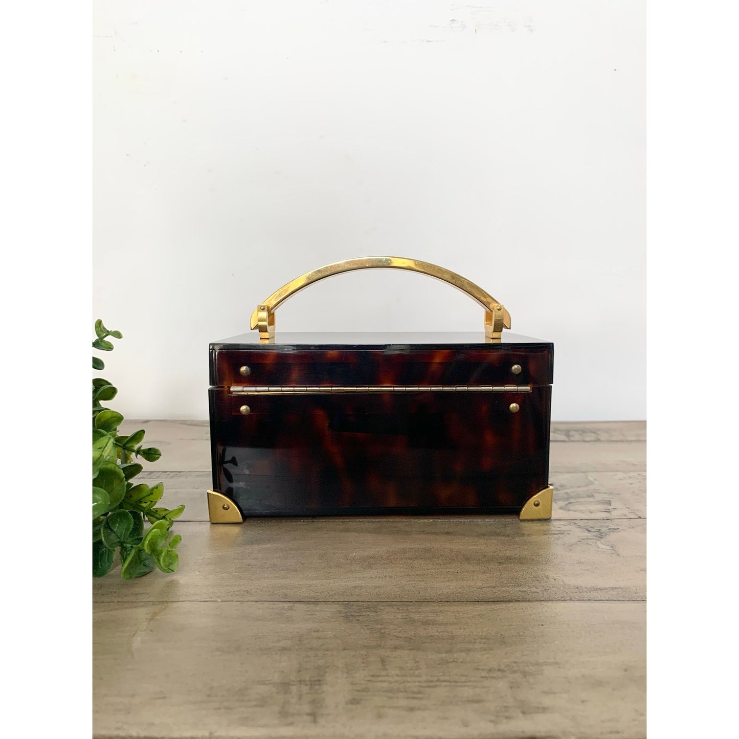 Vintage Saks Fifth Avenue Faux Tortoiseshell Lucite Box Brass Jewelry Storage