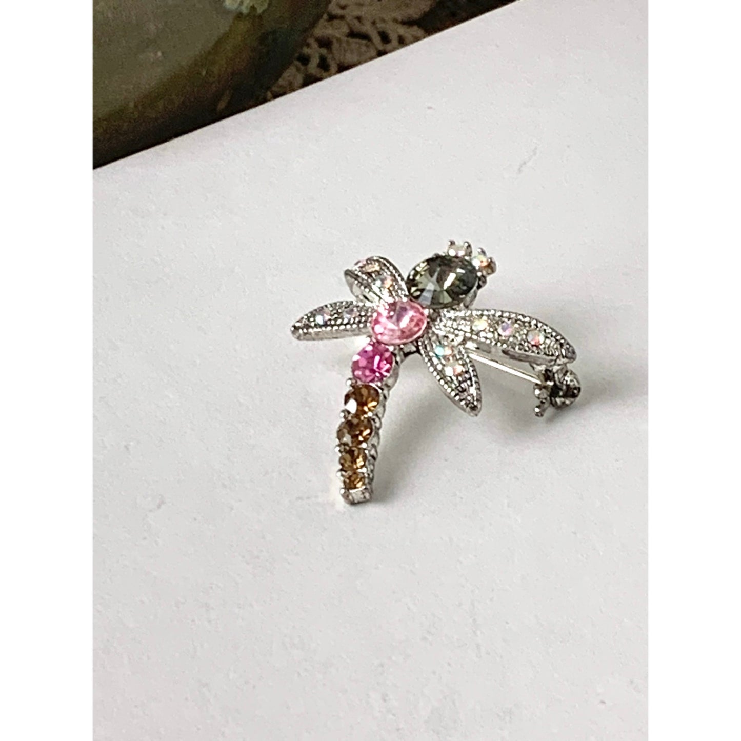 Vintage Rhinestone Dragonfly Brooch Pink Crystal Insect Pin Statement Jewelry