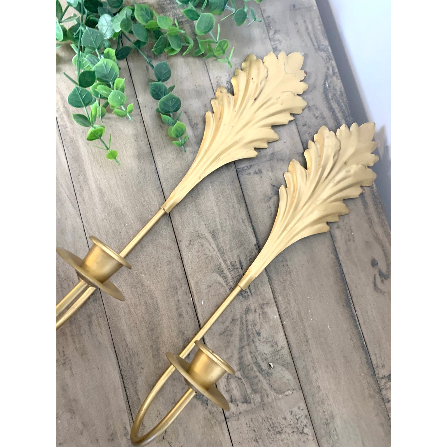 Vintage Gold Leaf Wall Sconces Pair Candleholders Hollywood Regency 15.5 Mid Century Glam