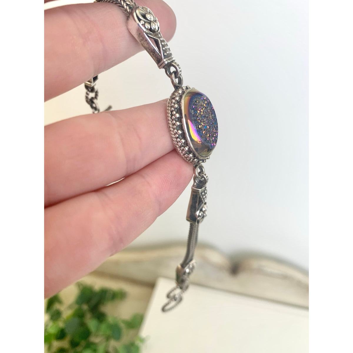 Vintage Sterling Silver Druzy Quartz Bracelet Blue Iridescent 925 Jewelry