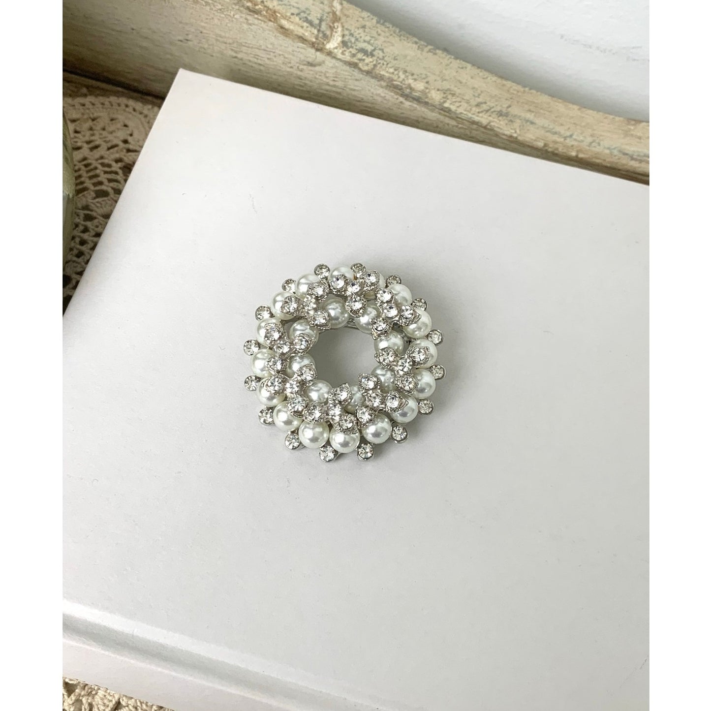 Vintage Faux Pearl and Rhinestone Wreath Brooch Classic Circle Pin Elegant Jewelry