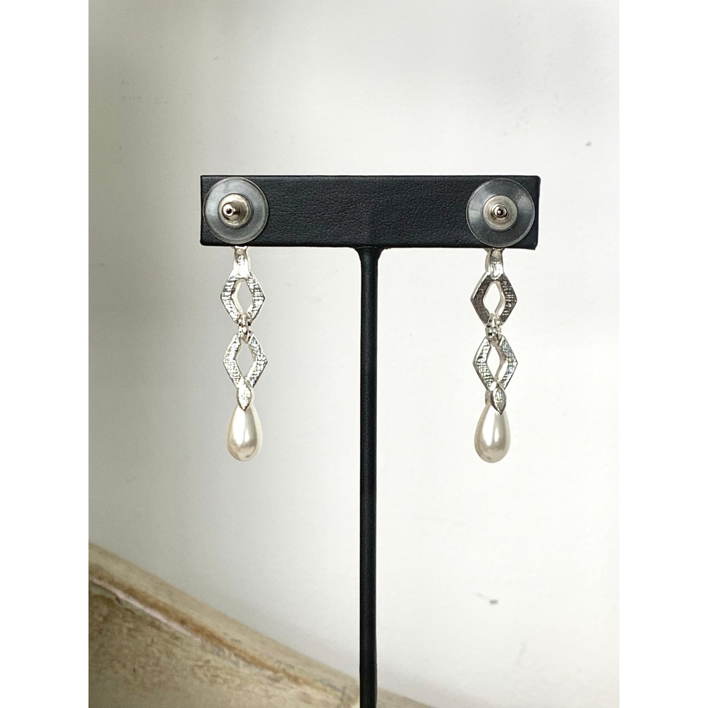 Vintage Silvertone Rhinestone Faux Pearl Drop Earrings Geometric Bridal Dangle