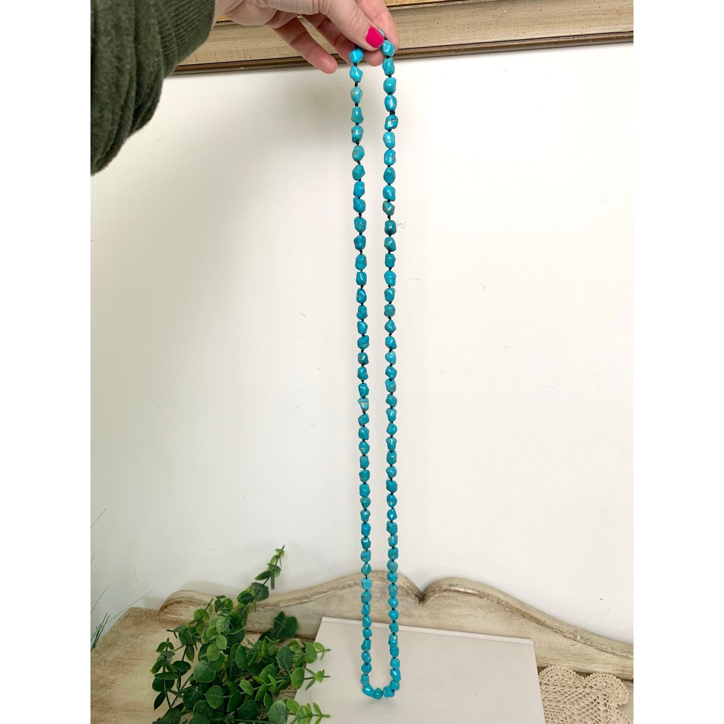 Blue Turquoise Nugget Beaded Necklace Long Vintage Southwestern Boho Jewelry 46"