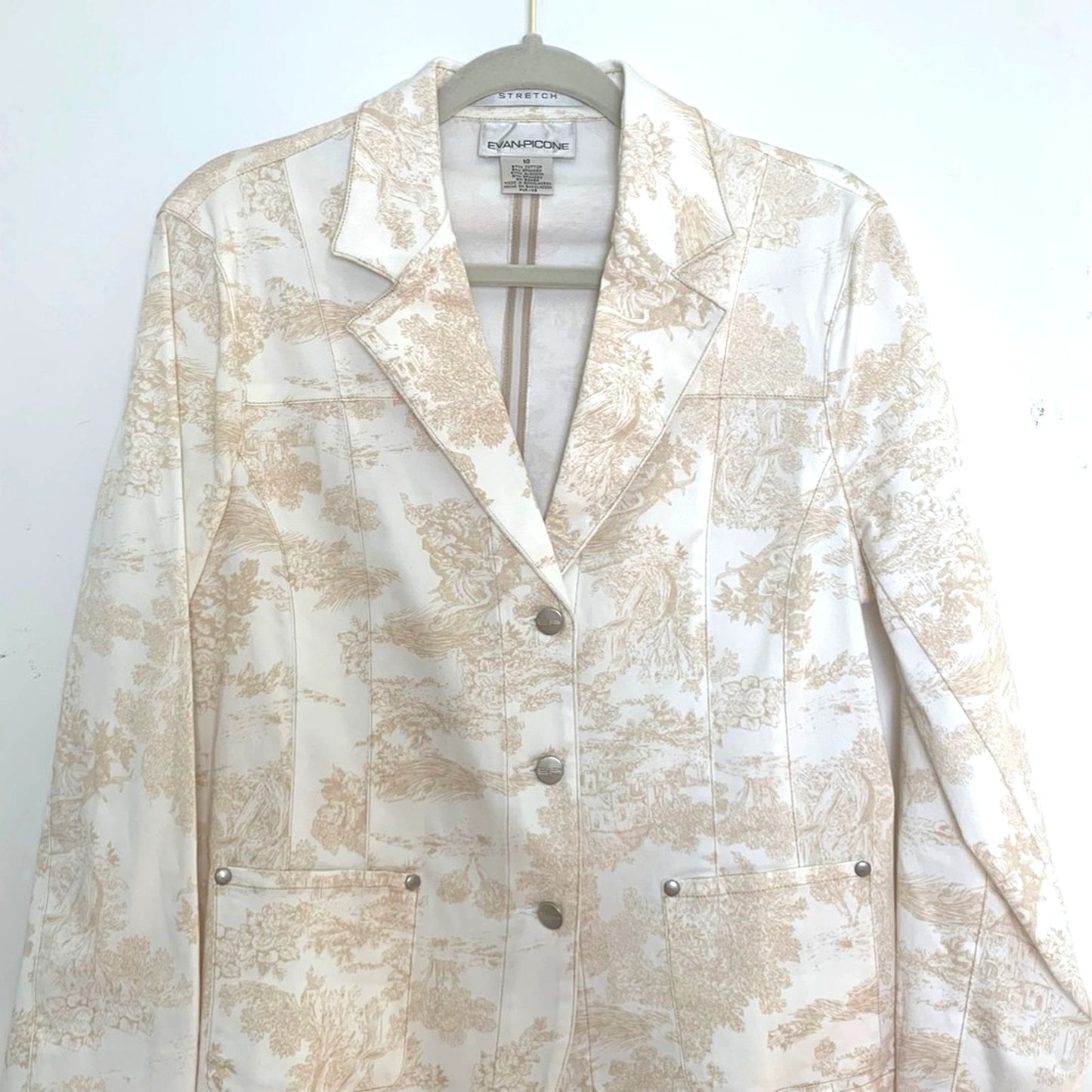 Evan Picone Toile Print Blazer White Beige Stretch Denim Jacket Structured Size 10