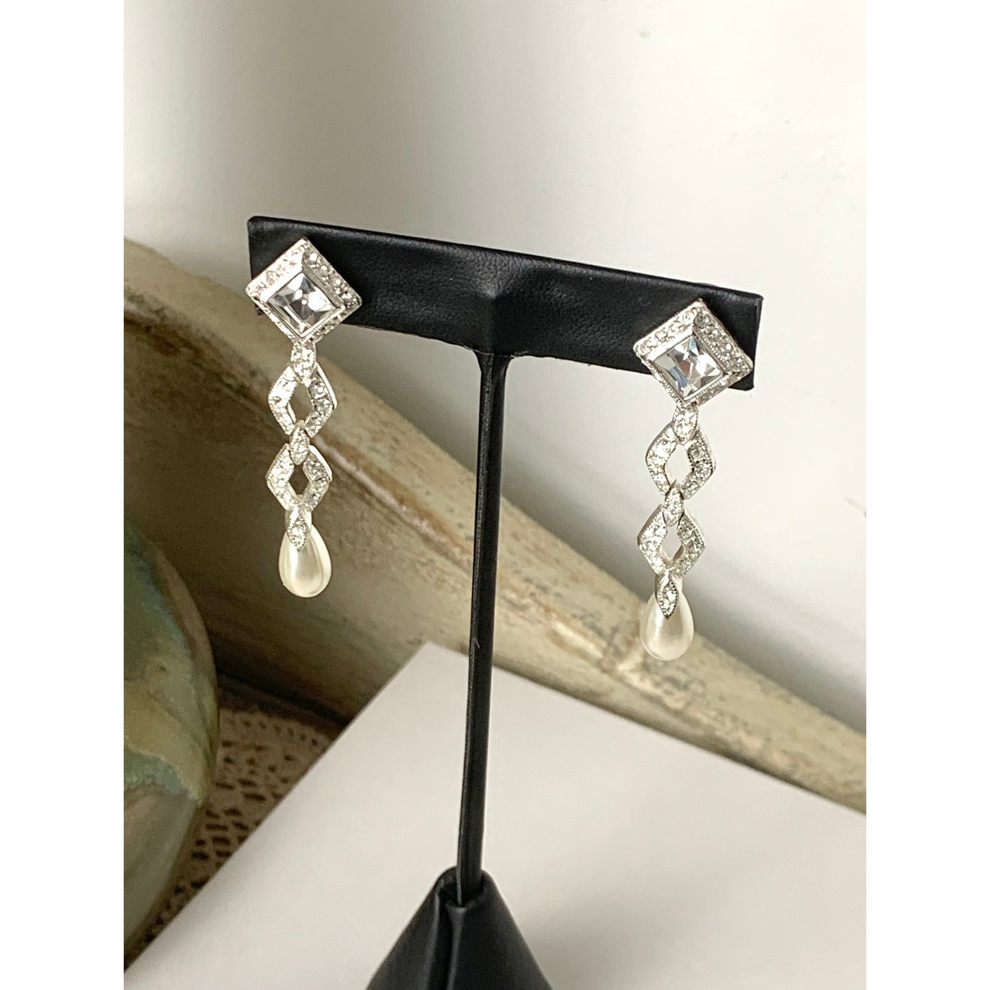 Vintage Silvertone Rhinestone Faux Pearl Drop Earrings Geometric Bridal Dangle