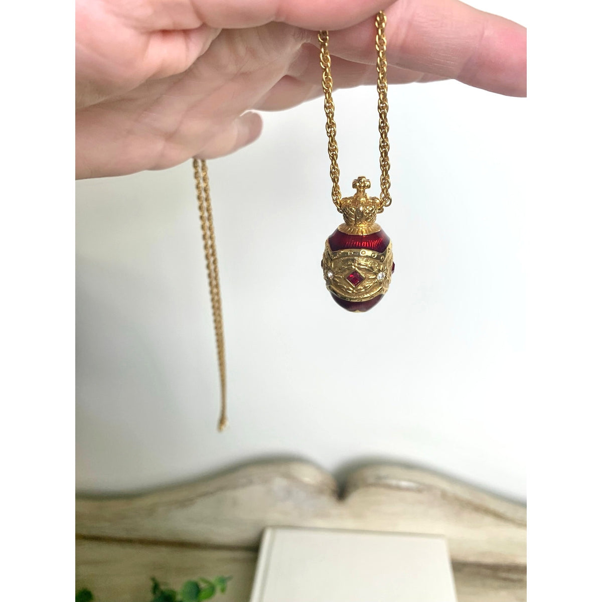 Vintage Joan Rivers Red Enamel Egg Pendant Necklace Crown Rhinestone Gold Tone