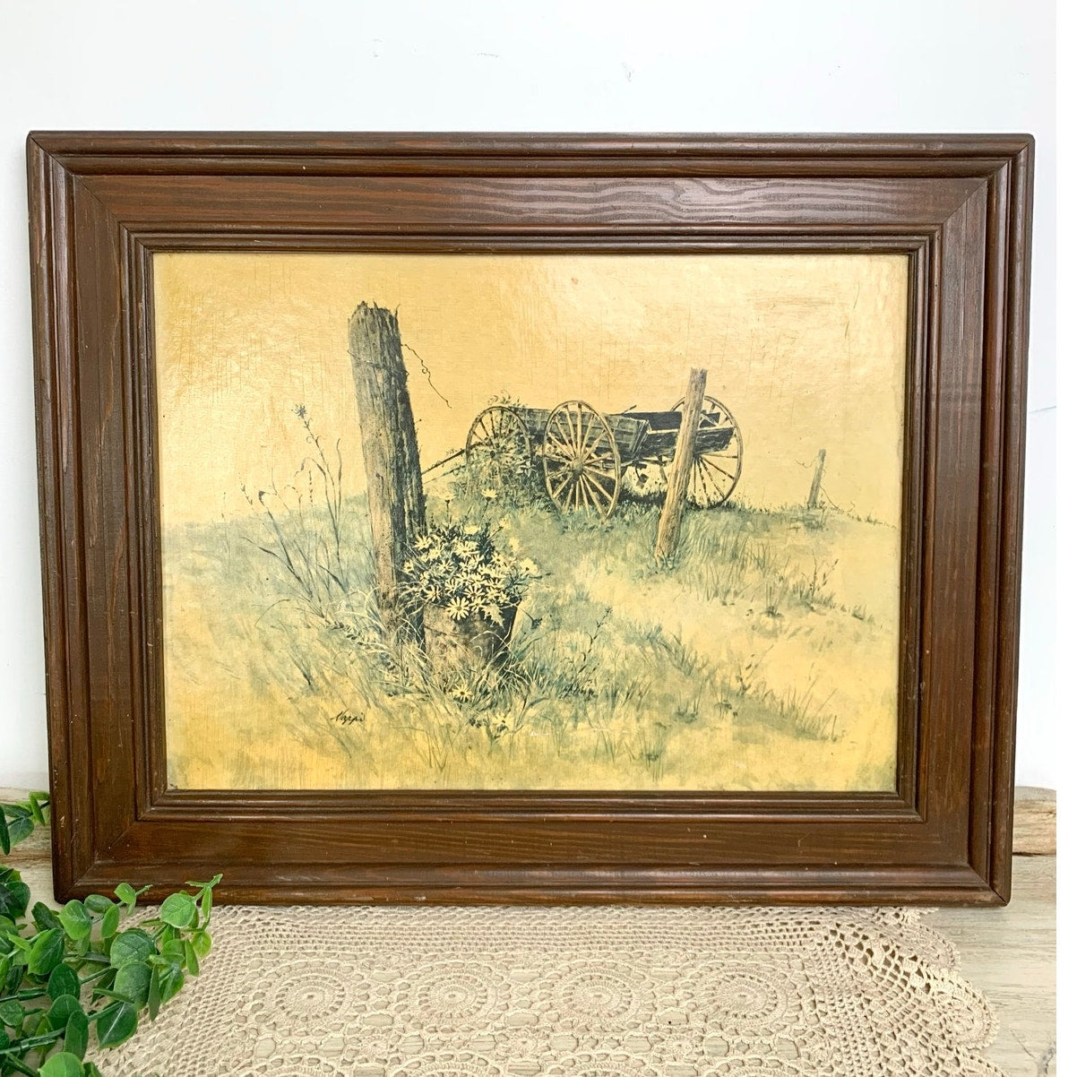 Vintage Daisy Wagon Landscape Print Rustic Farmhouse Wall Art Framed Country Cottage