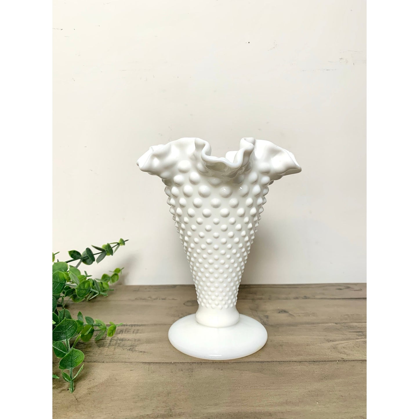 Vintage Fenton Hobnail Milk Glass Vase with Fluted Rim – White Pedestal Vase