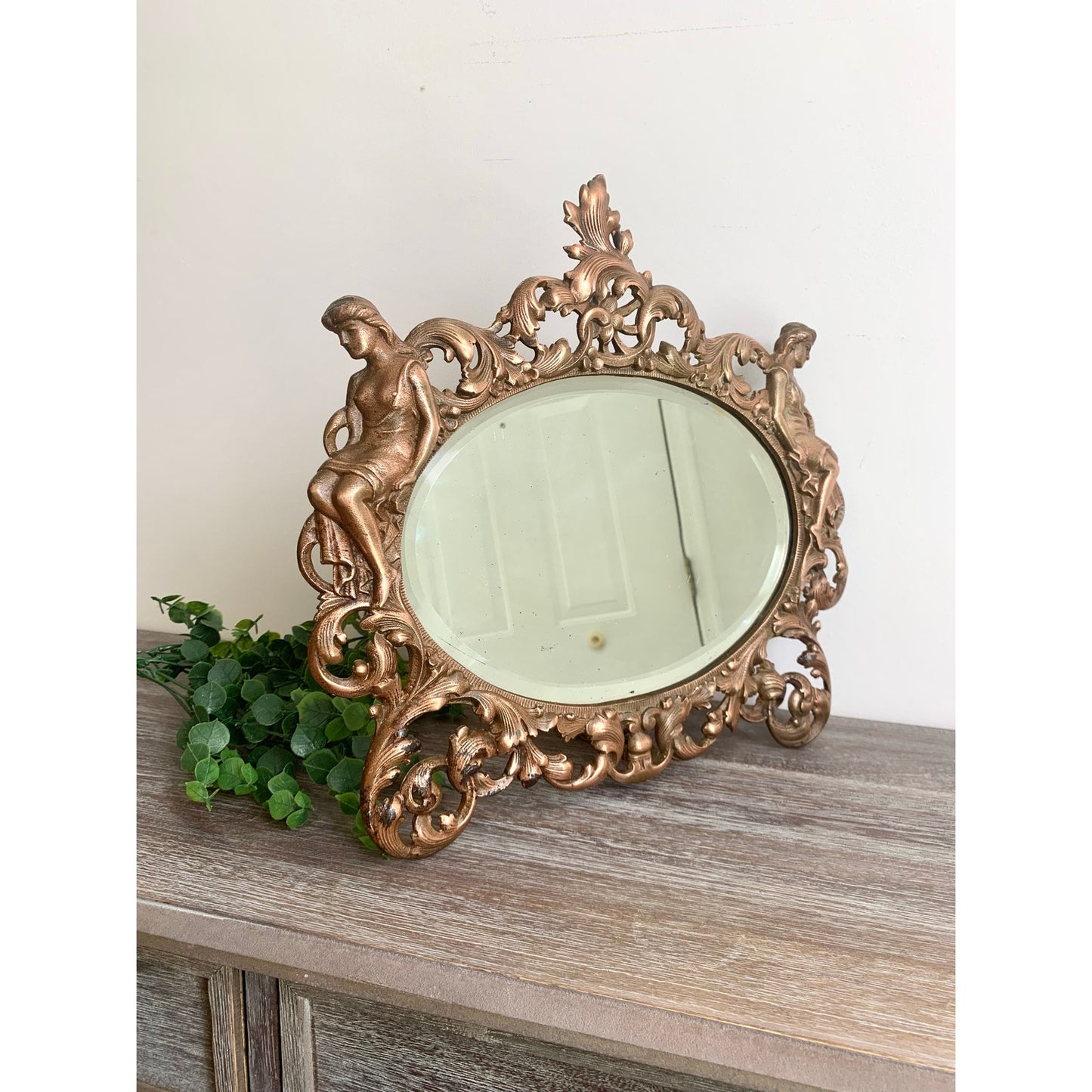 Vintage Art Nouveau Style Cast Iron Vanity Mirror with Kickstand Ornate Figural