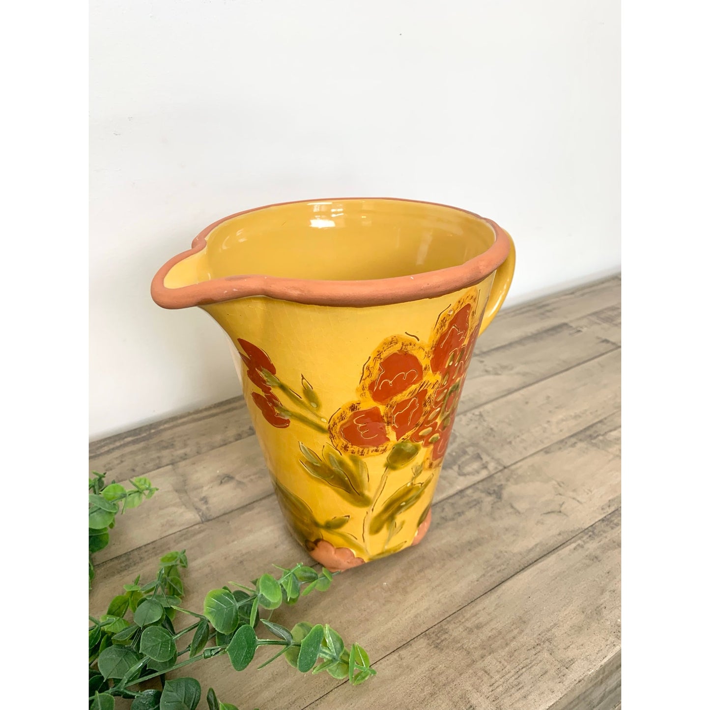 Vintage Tapestry by Nanette Vacher Floral Pitcher Pottery Vase Hand Painted Terracotta