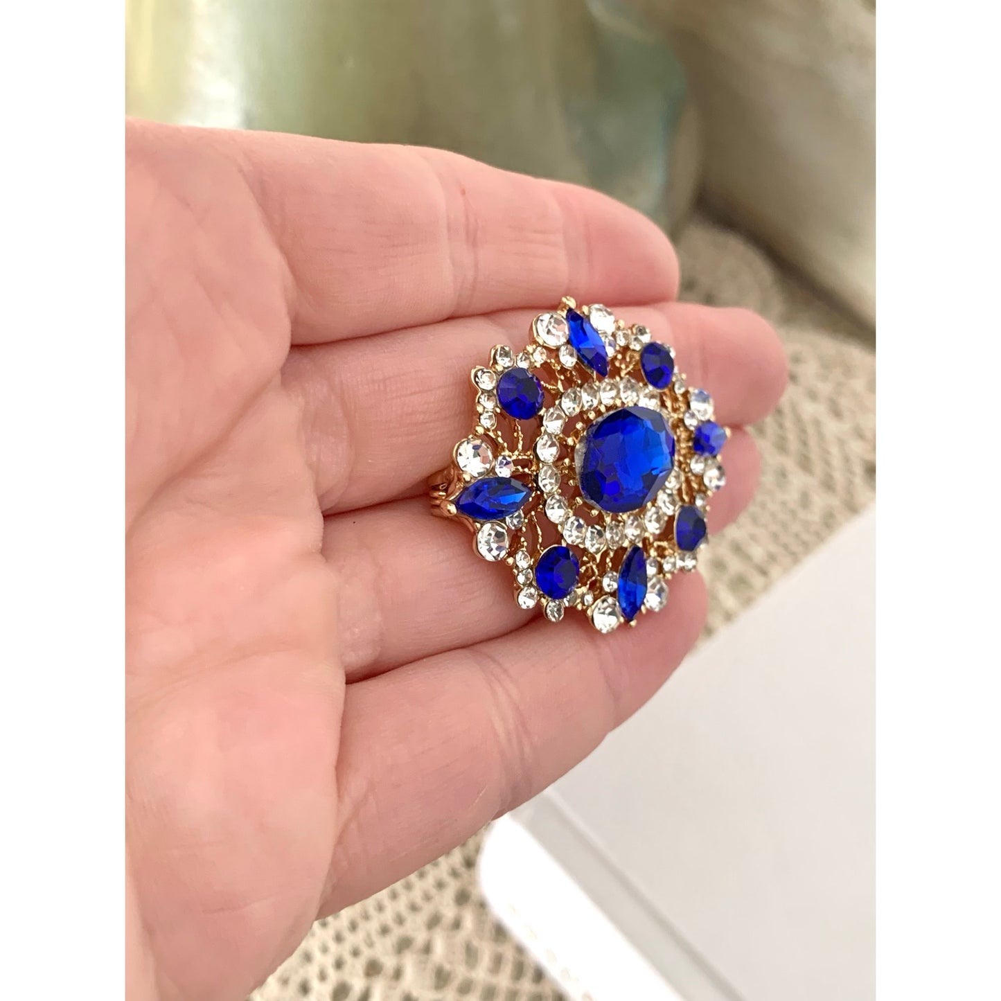 Blue Glass Rhinestone Statement Brooch Goldtone Clear Accents Romantic Vintage Style