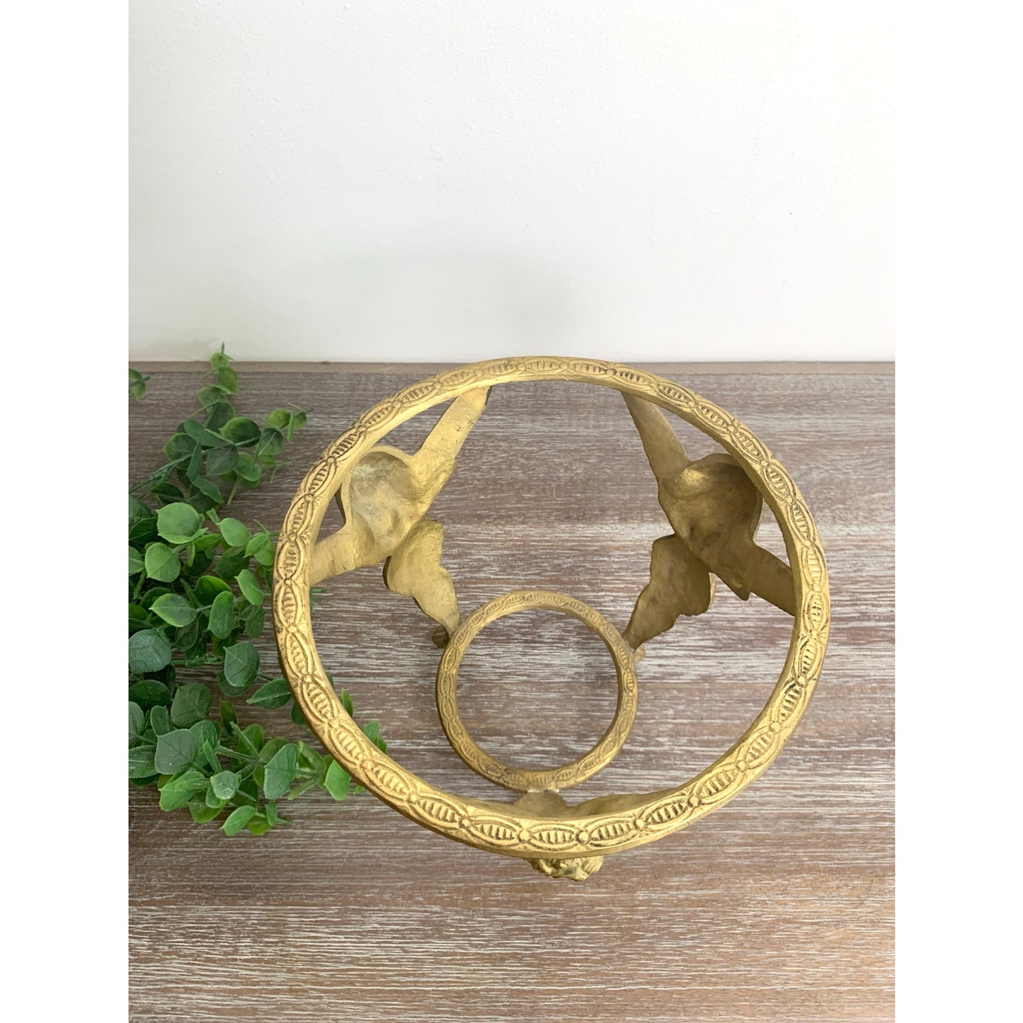 Vintage Brass Pedestal with Crackle Glass Bowl Angel Cherub Candle Votive Vase