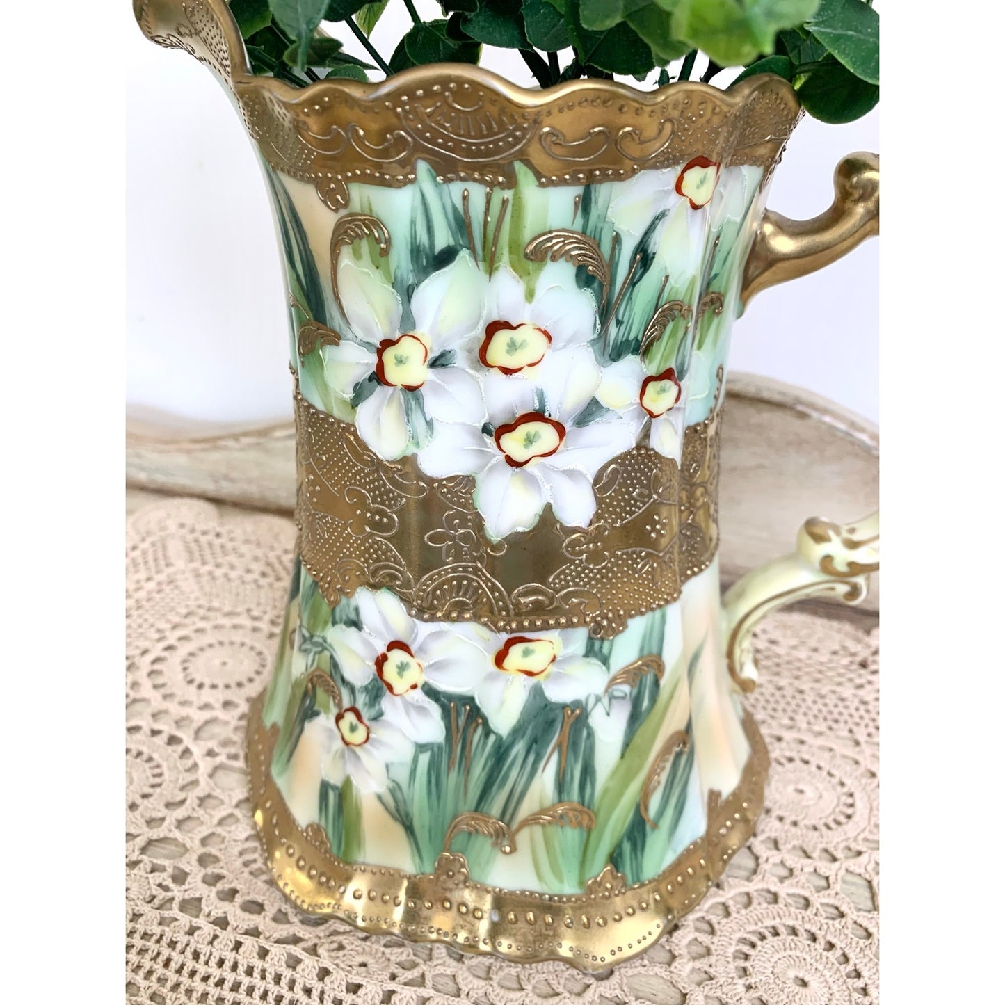 Antique Hand Painted Nippon Porcelain Pitcher Vase Floral Gold Romantic Cottage