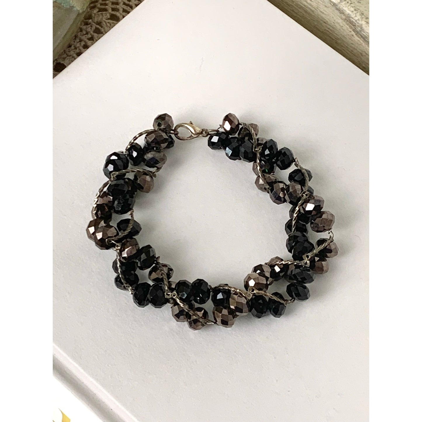 Vintage Smoky Faceted Beaded Bracelet Multi Strand Dark Crystal Glass Bead Statement Jewelry