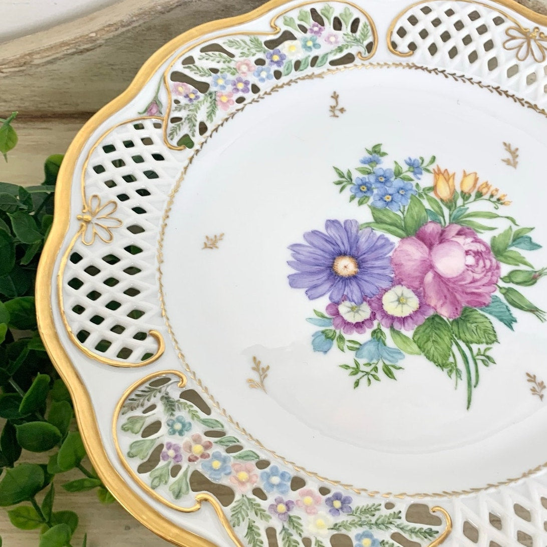 Vintage Pedestal Cake Stand Floral Hand Painted Porcelain Wedding Serving Cottage Shabby
