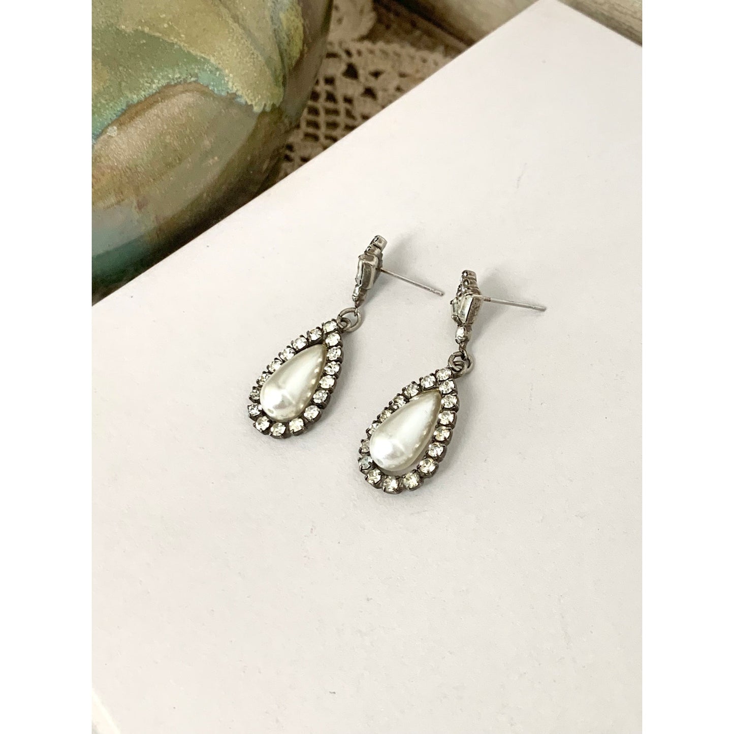 Vintage Art Deco Rhinestone Faux Pearl Drop Earrings Teardrop Bridal Dangle Post Back