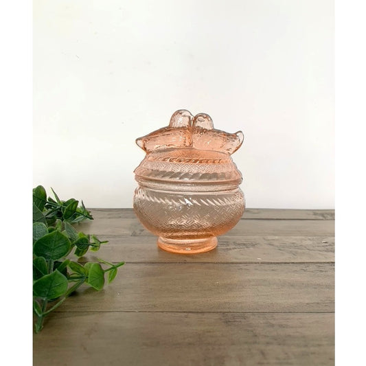 Vintage Pink Depression Glass Lovebirds Covered Candy Dish Romantic Glass Vanity Jar Trinket Box