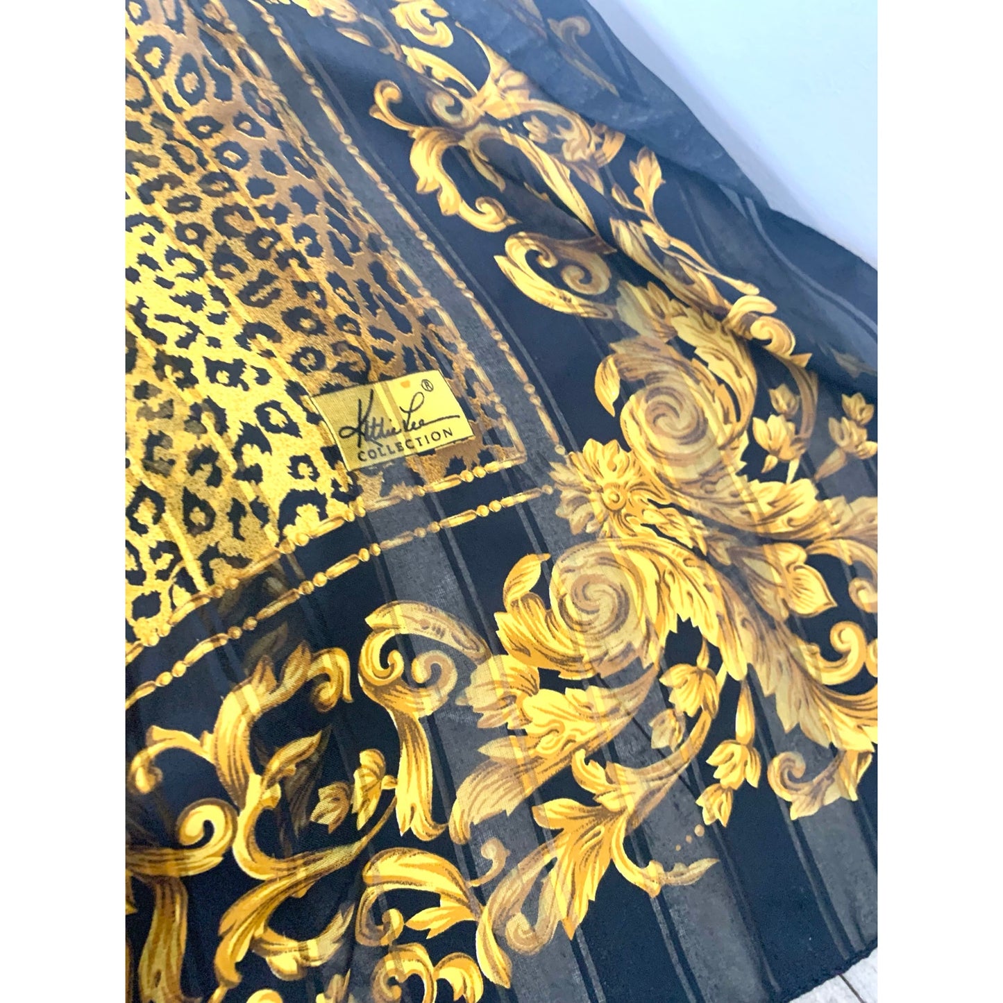 Vintage Kathie Lee Italy Scarf Baroque Leopard Print Black Gold Sheer Square Glam