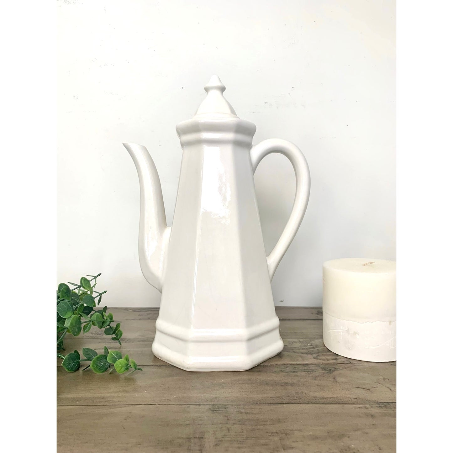 Vintage Pfaltzgraff Heritage Tall White Coffee Pot Octagonal Teapot Country Cottage Farmhouse