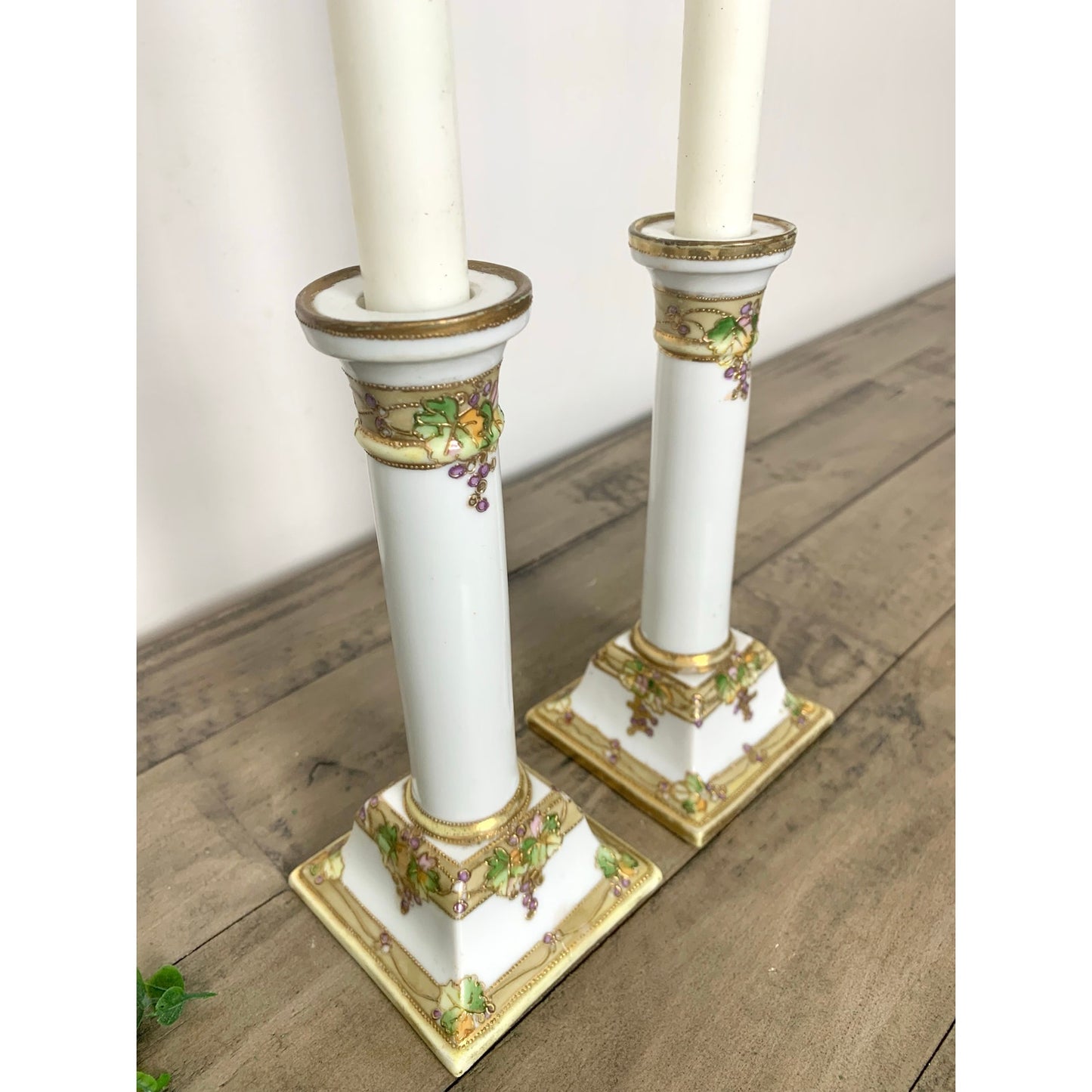 Antique Nippon Hand-Painted Candlestick Holders Pair Grape & Gold Moriage 7” H