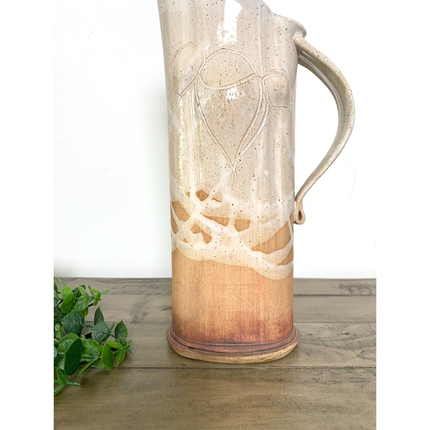 Handmade Artisan Pottery Pitcher Vase, Stoneware Rustic Neutral Glaze, 12.75" H