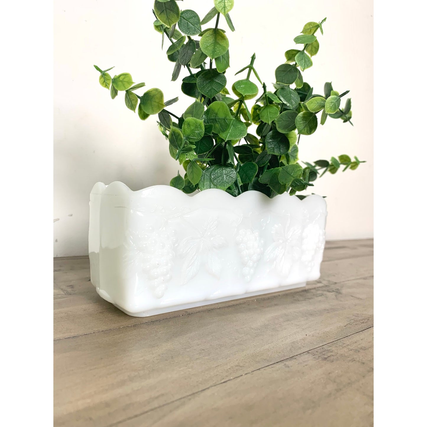 Vintage Anchor Hocking Fire King Milk Glass Grapevine Planter Scalloped RIm