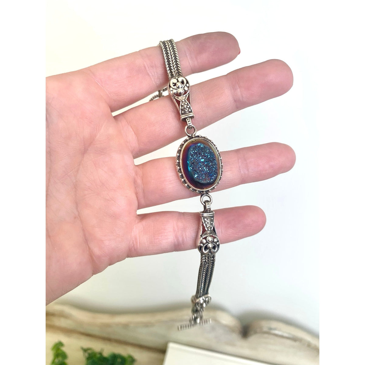 Vintage Sterling Silver Druzy Quartz Bracelet Blue Iridescent 925 Jewelry