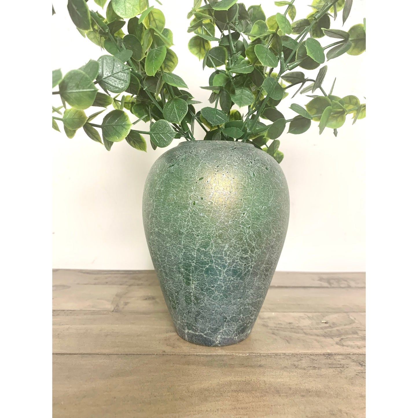 Vintage Silvestri Mouth Blown Green Crackle Iridescent Art Glass Vase 6.25 High