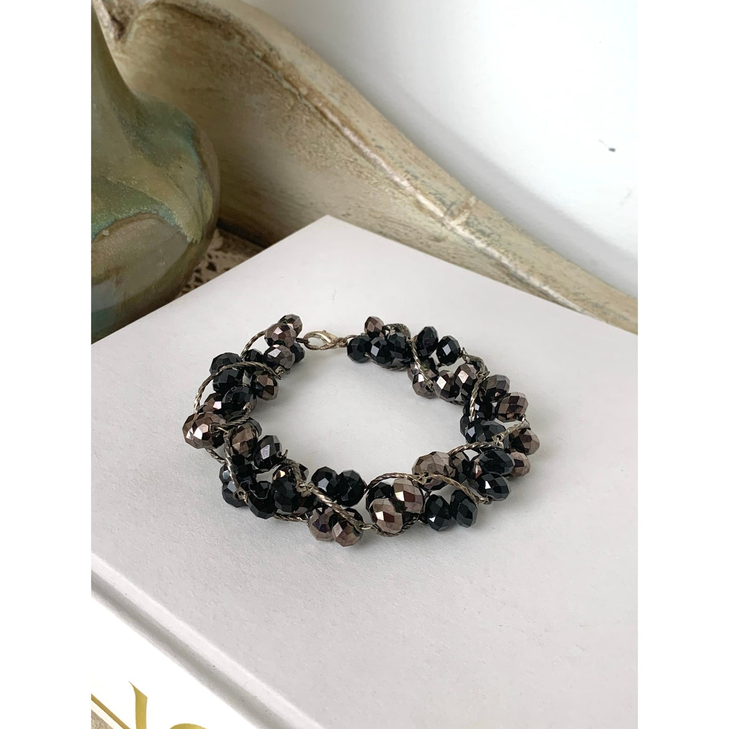 Vintage Smoky Faceted Beaded Bracelet Multi Strand Dark Crystal Glass Bead Statement Jewelry