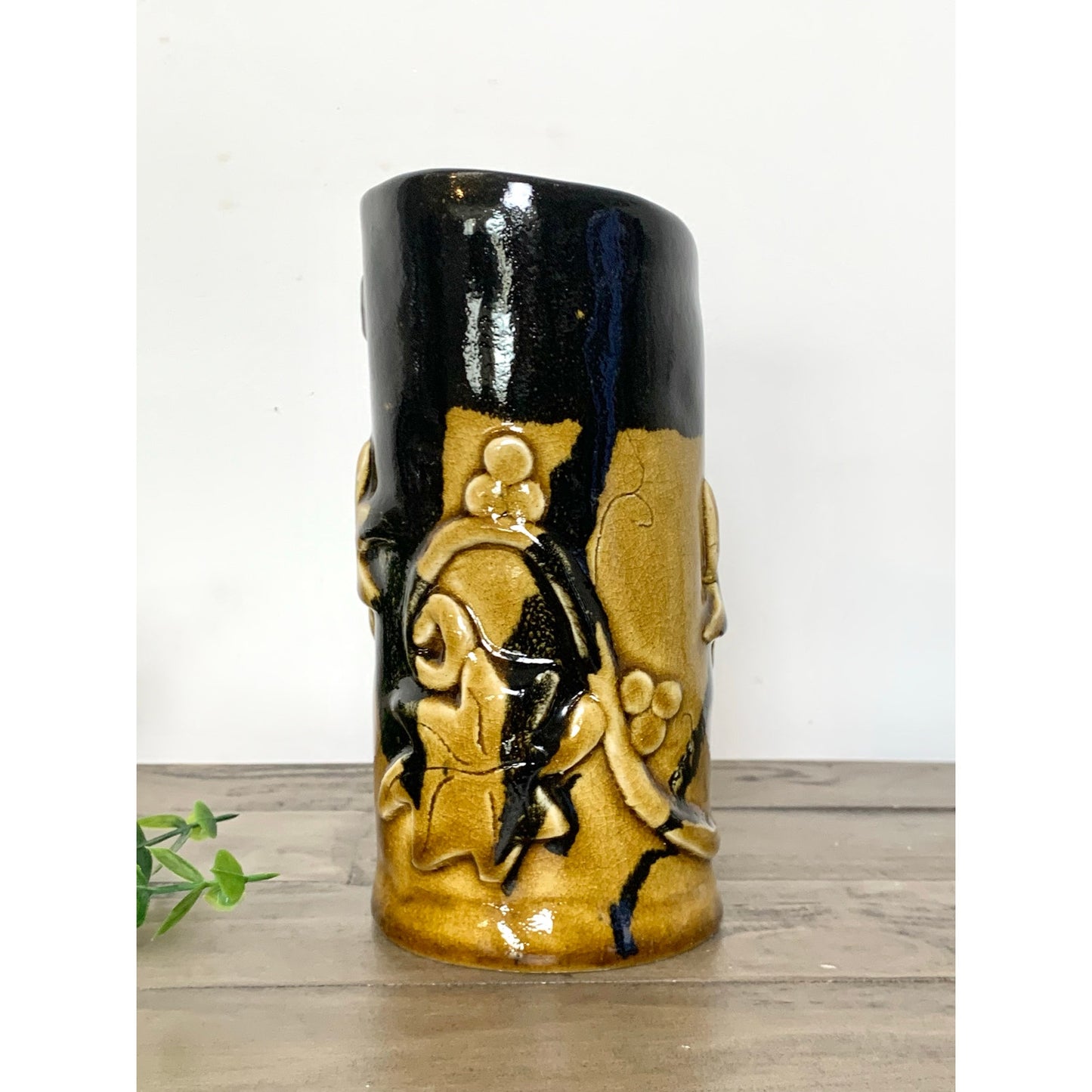 Vintage Black and Gold Ceramic Vase with Raised Vine and Leaf Design – Rustic Studio Pottery