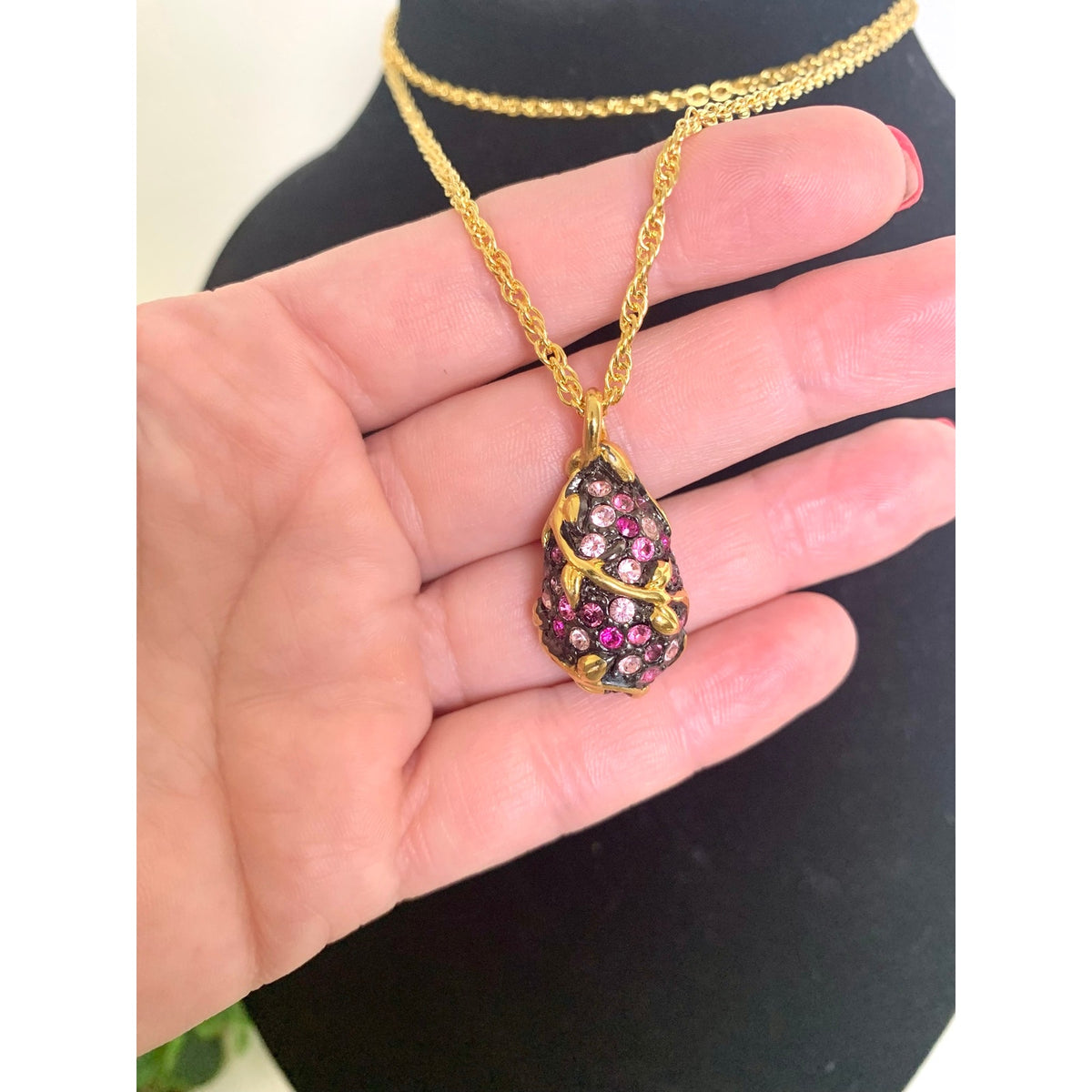 Vintage Joan Rivers Pink Purple Pendant Necklace Pave Rhinestone Gold Tone Romantic Glam