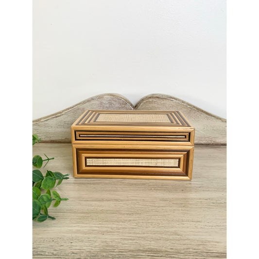 Vintage Bamboo Trinket Box Red Felt Interior Old World Boho Vanity Decor