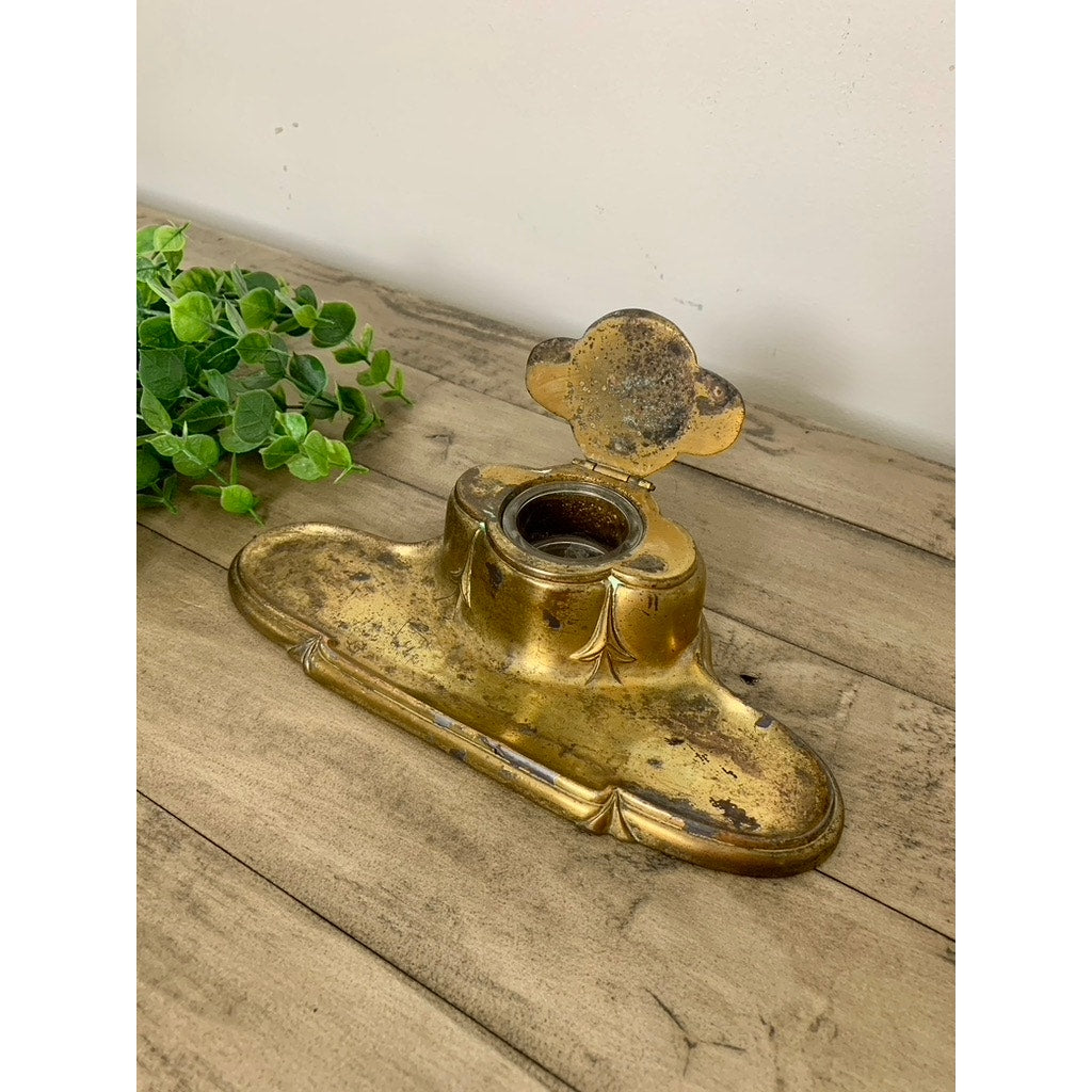 Antique Bradley & Hubbard Brass Inkwell Gold Ornate Old Money Office Decor