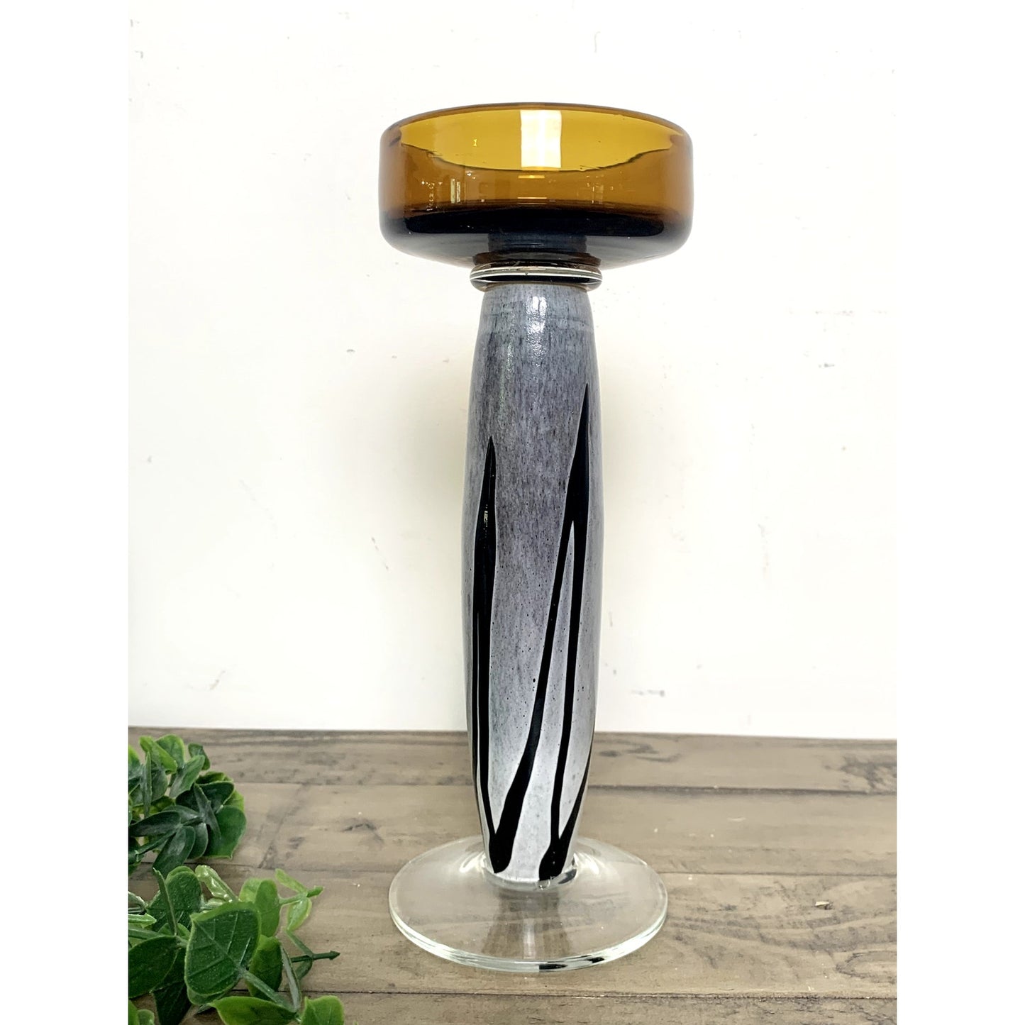 Vintage MCM Art Glass Candle Holder – Amber Glass Pedestal Pillar Candle Retro