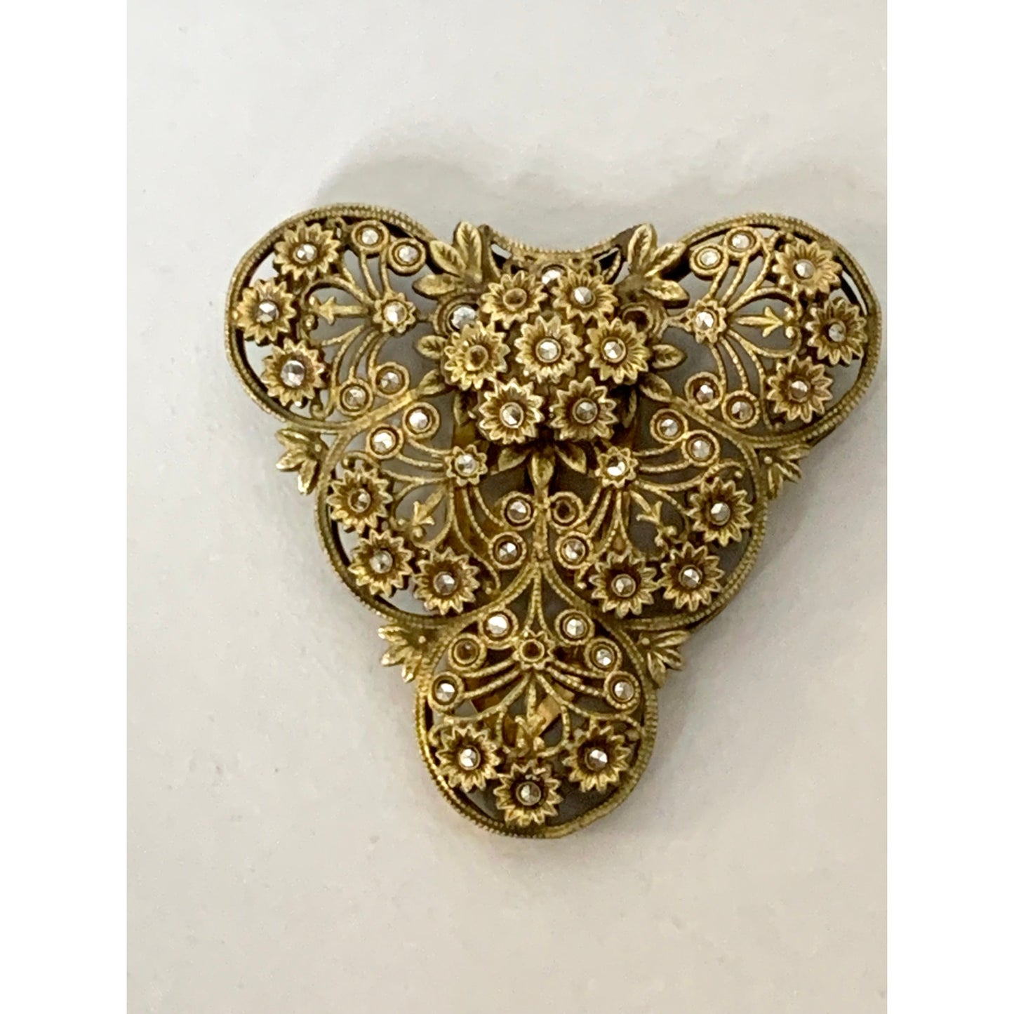 Antique 1920s Goldtone Filigree Dress Clip Marcasite Floral Art Deco Jewelry Scarf Clip