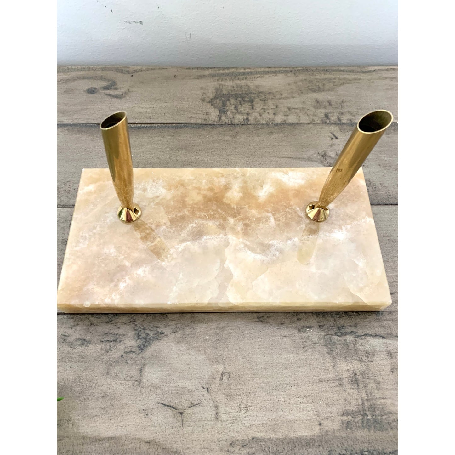 Vintage Onyx Stone Double Brass Pen Holder Desk Stand Office Old Money Academia