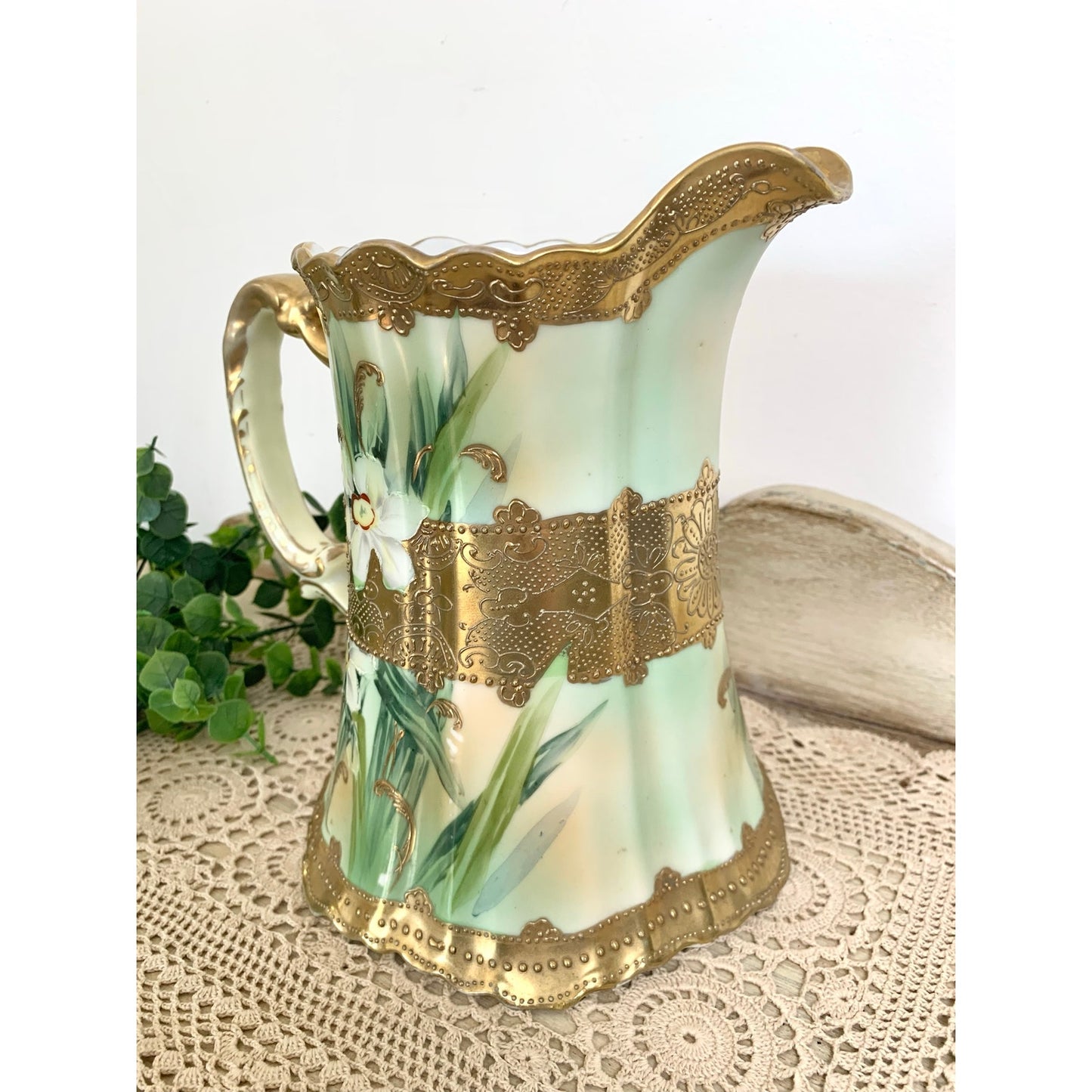 Antique Hand Painted Nippon Porcelain Pitcher Vase Floral Gold Romantic Cottage